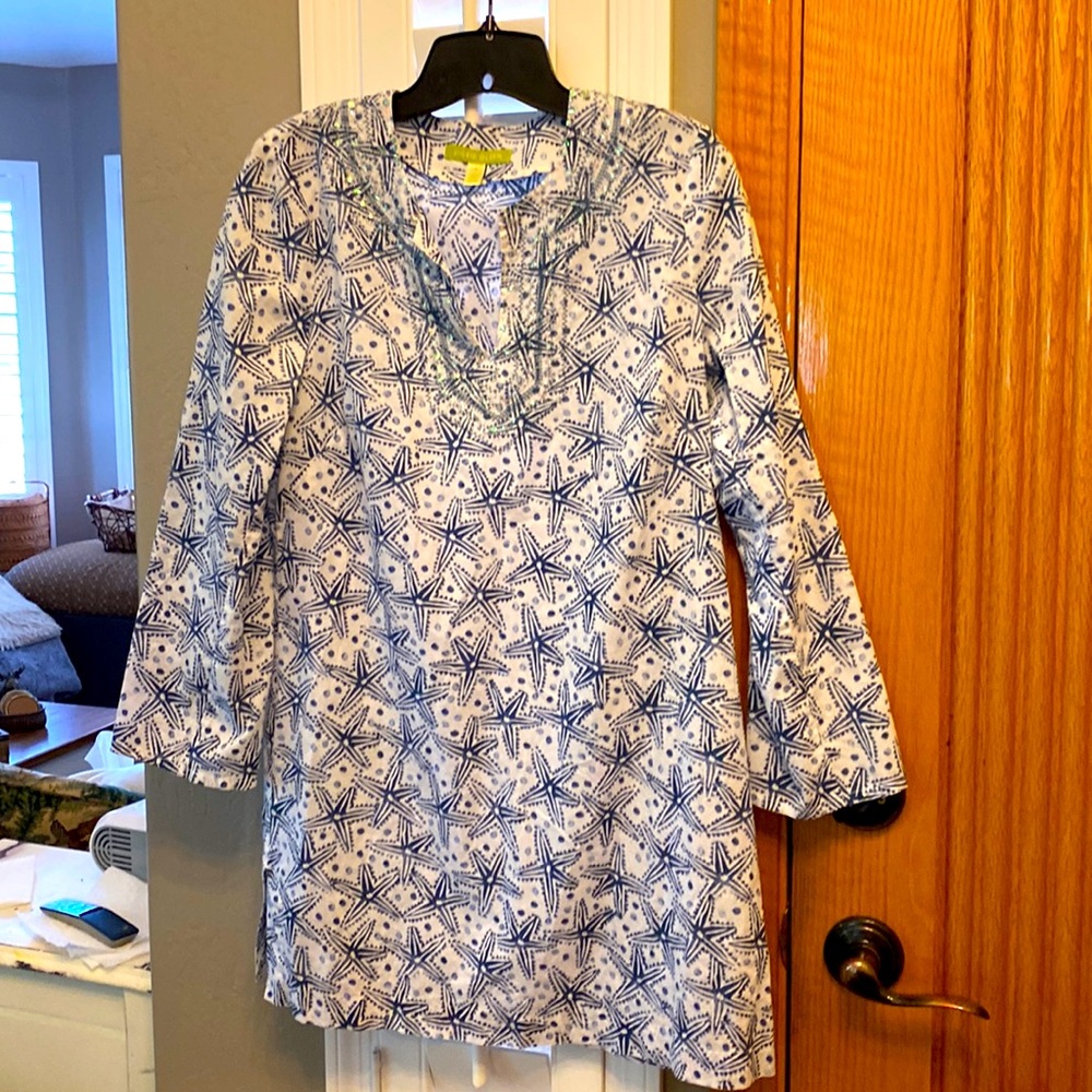 Sigrid Olsen blue and white starfish beaded embroidered dress size S